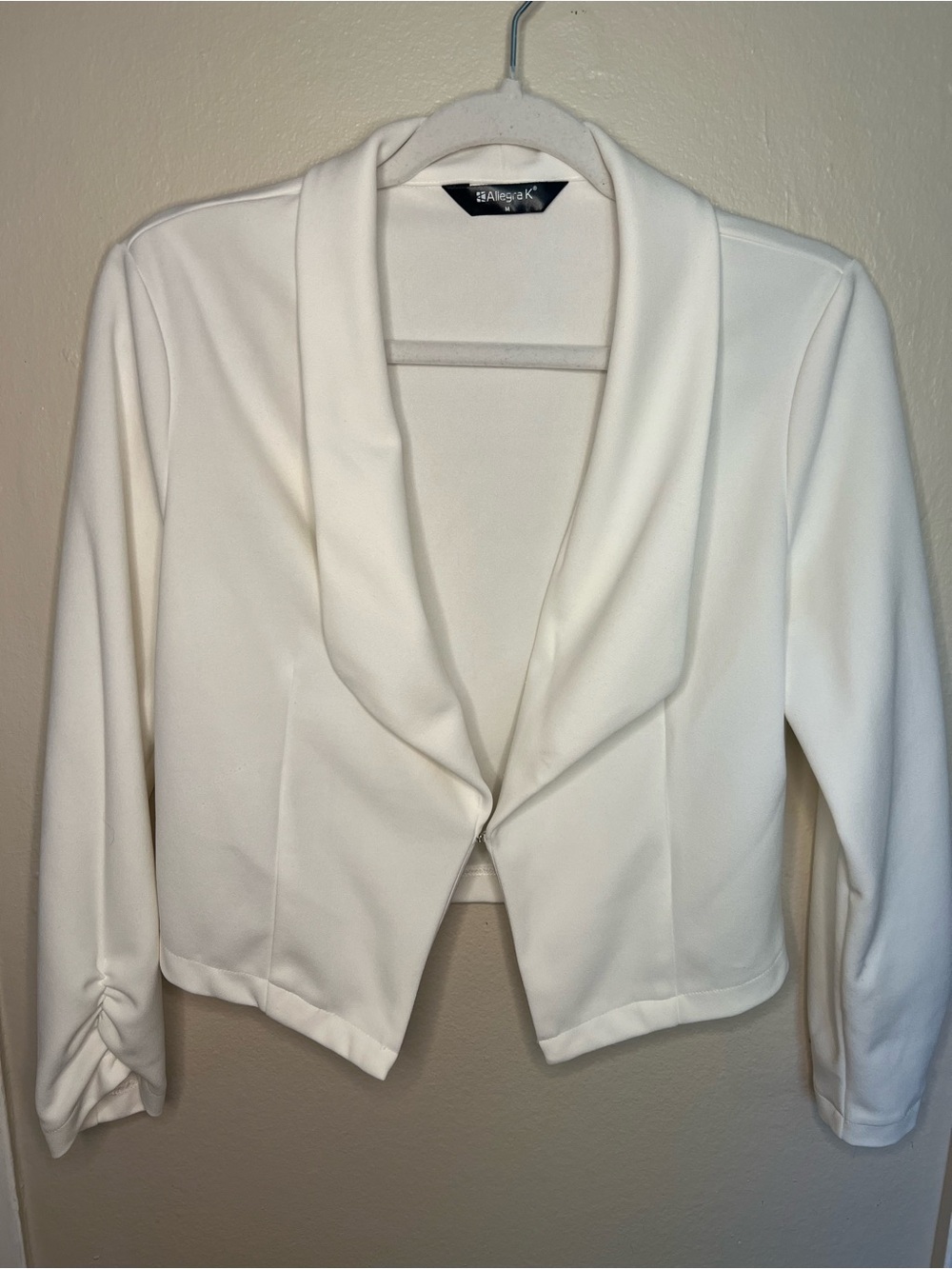 Allegra K White Cropped Shawl Collar Ruched Sleeve Blazer Jacket